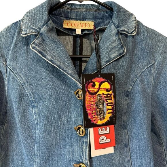 Revolve Cormio Cynthia Collared Button Down Bow Detail Denim Jean Jacket Size L - Picture 10 of 12